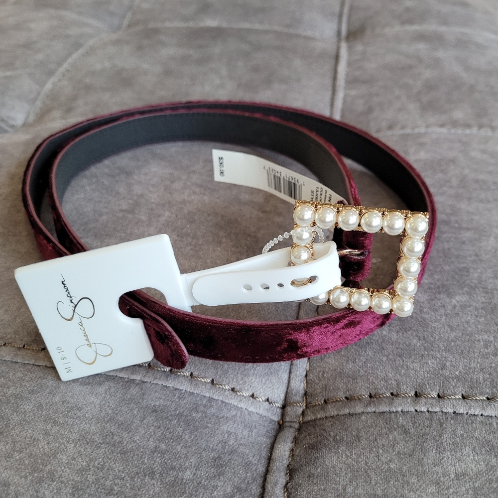 NWT Jessica Simpson Burgundy Velvet Belt with Faux Pearl Buckle Size M